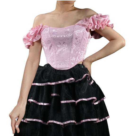 Womens Off Shoulder Corset Tops Ruffle Boned Vintage Corsets Bustier Lace Up Renaissance Overbust Waist Trainer Pink, M