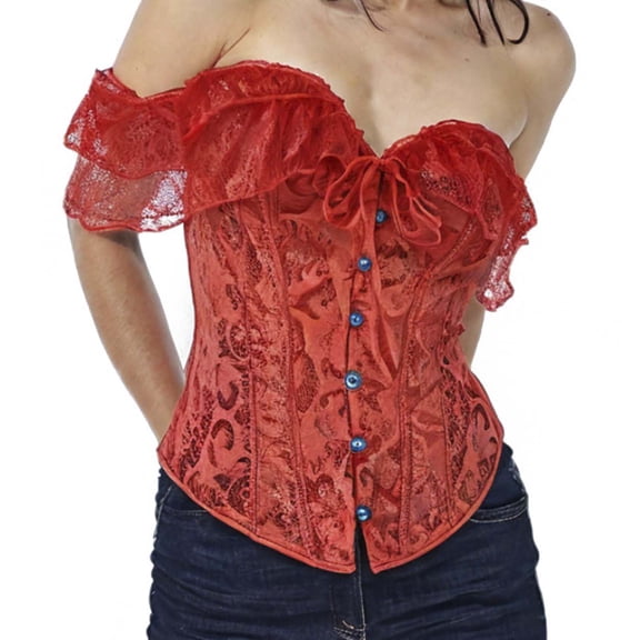 Womens Off Shoulder Corset Tops Ruffle Lace Boned Vintage Corsets Bustier Renaissance Overbust Waist Trainer Red, M