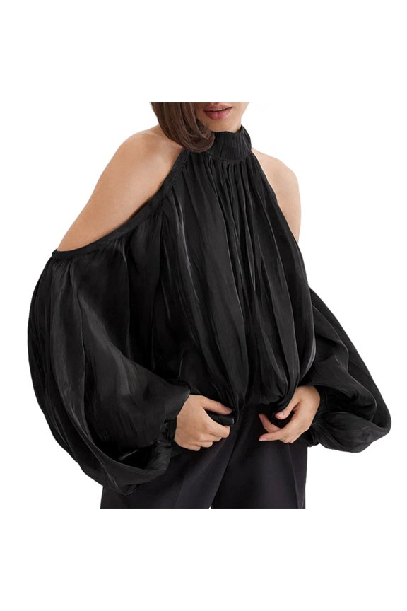 Womens Off Shoulder Halter Neck Long Sleeve Blouse Versatile and Elegant Commute Top Black S