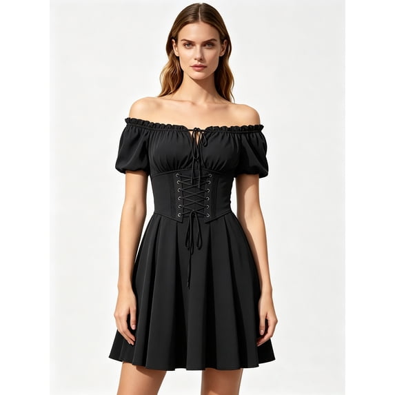 Womens Off Shoulder Lace Up Corset Mini Dress Black A-Line Puff Sleeve,Size XL