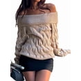 thumbnail image 1 of Womens Off Shoulder Long Sleeve Cable Knit Sweater Loose Chunky Pullover Dressy Tops Fall Fashion Khaki S, 1 of 5