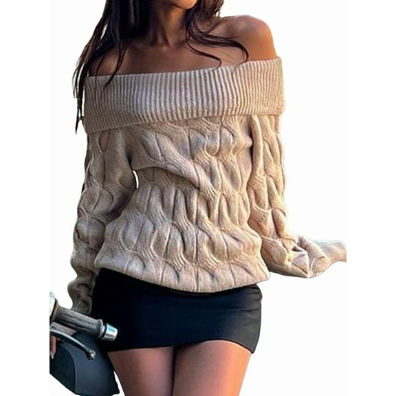 Womens Off Shoulder Long Sleeve Cable Knit Sweater Loose Chunky Pullover Dressy Tops Fall Fashion Khaki S
