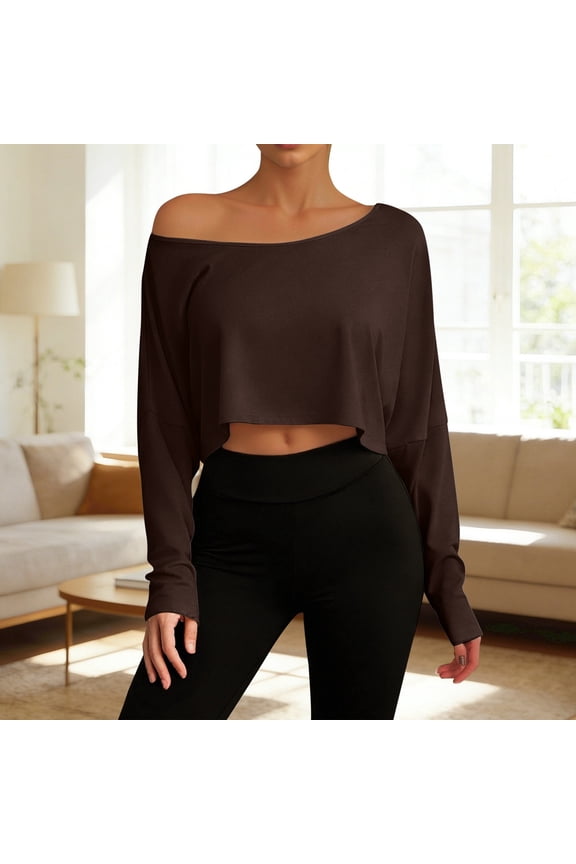 Womens Off Shoulder Long Sleeve Crop Tops Boat Neck Loose Asymmetry T Shirt (Coffee XXS)