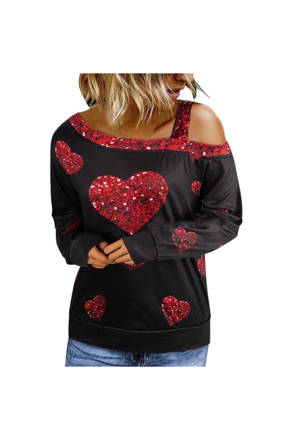 Womens Off Shoulder Long Sleeve Tops Shining Heart Stitching T Shirt Fashion Printed Blouses
