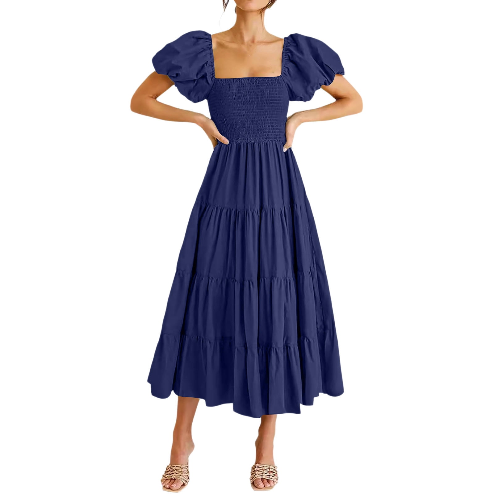 Womens Off Shoulder Midi Dresses 2026 Trendy Lantern Sleeves Smocked ...