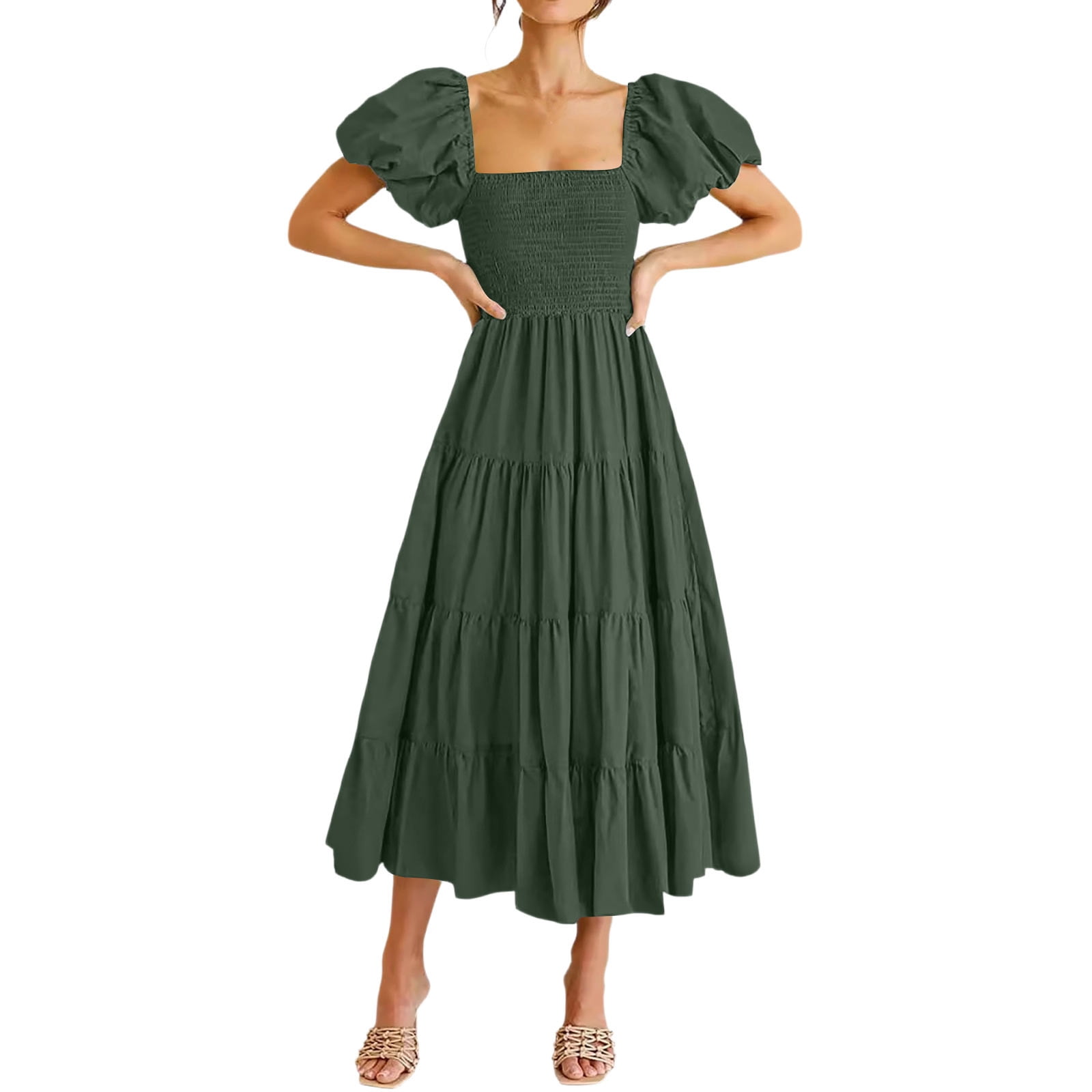 Womens Off Shoulder Midi Dresses 2026 Trendy Lantern Sleeves Smocked ...