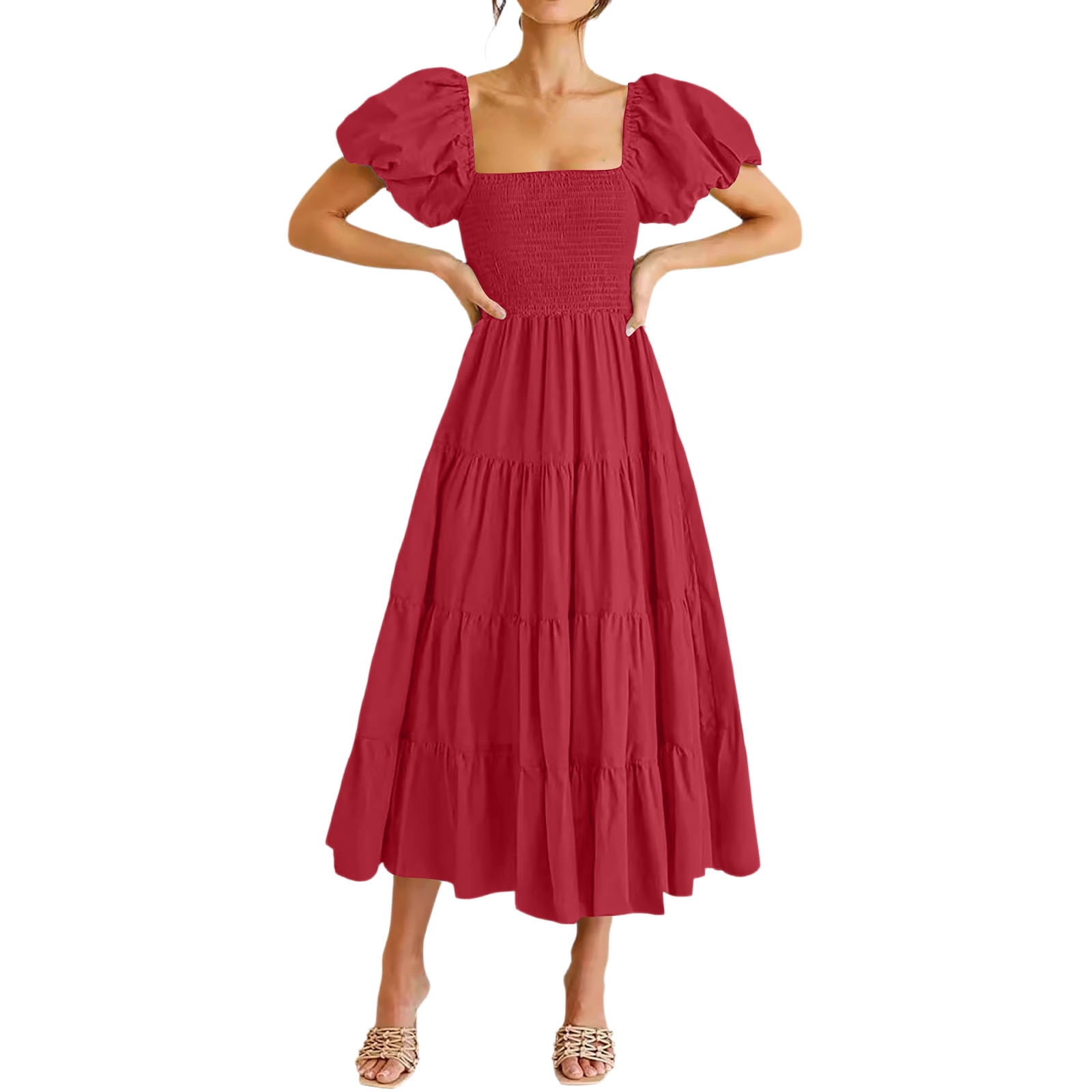 Womens Off Shoulder Midi Dresses 2026 Trendy Lantern Sleeves Smocked ...