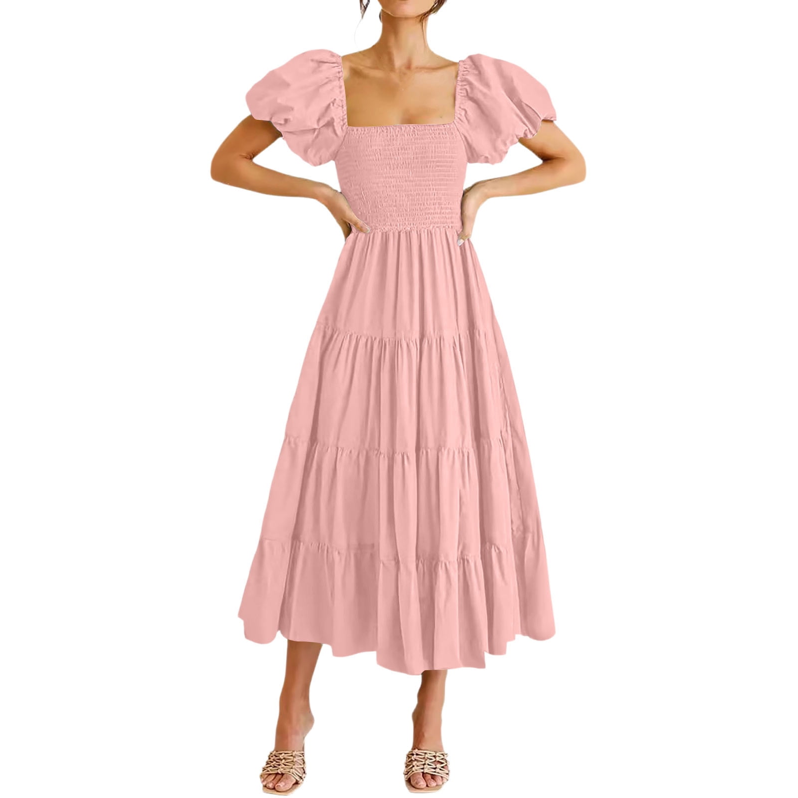 Womens Off Shoulder Midi Dresses 2026 Trendy Lantern Sleeves Smocked ...