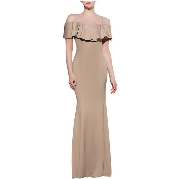 Womens Off Shoulder Prom Dresses Ruffle Sleeveless Long Ball Gown Bodycon Formal Evening Party Maxi Dress