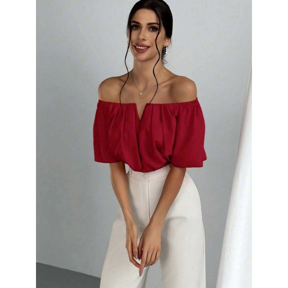 Womens Off Shoulder Puff Sleeve V-Neck Red Blouse With Elastic Top