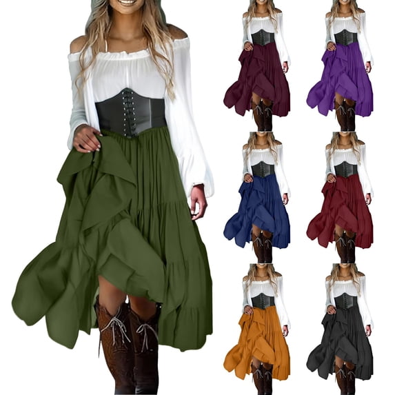 Womens Off Shoulder Renaissance Dress Bell Sleeves Vintage Medieval Peasant Long Dresses Halloween Pirate Costume(OrangeL)