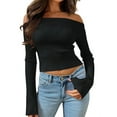 thumbnail image 1 of Womens Off Shoulder Ribbed Knit Crop Sweaters Long Sleeve Slim Pullover Jumper Tops, 1 of 6
