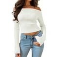 thumbnail image 1 of Womens Off Shoulder Ribbed Knit Crop Sweaters Long Sleeve Slim Pullover Jumper Tops, 1 of 6