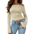 thumbnail image 1 of Womens Off Shoulder Ribbed Knit Crop Sweaters Long Sleeve Slim Pullover Jumper Tops, 1 of 6
