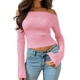 thumbnail image 1 of Womens Off Shoulder Ribbed Knit Crop Sweaters Long Sleeve Slim Pullover Jumper Tops, 1 of 6