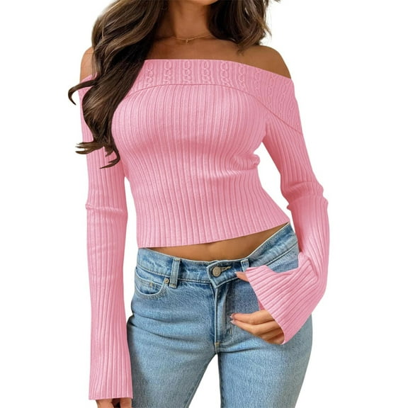 Womens Off Shoulder Ribbed Knit Crop Sweaters Long Sleeve Slim Pullover Jumper Tops