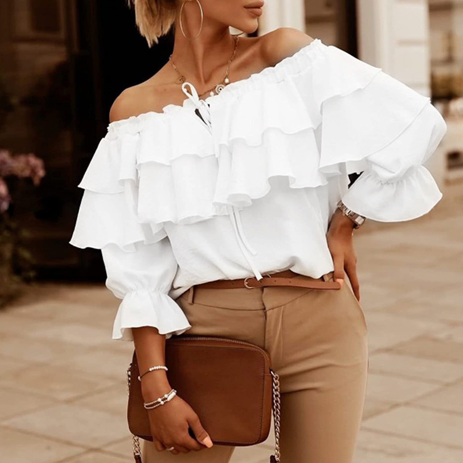 Womens Off Shoulder Ruffle Long Sleeve Blouses Casual Layered Tops