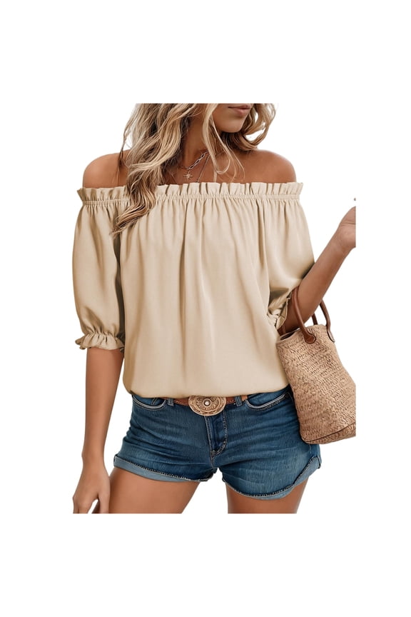 Womens Off Shoulder Ruffle Tops Short Sleeve,Elastic Neckline Casual Summer Blouse for Vacation Party Khaki S