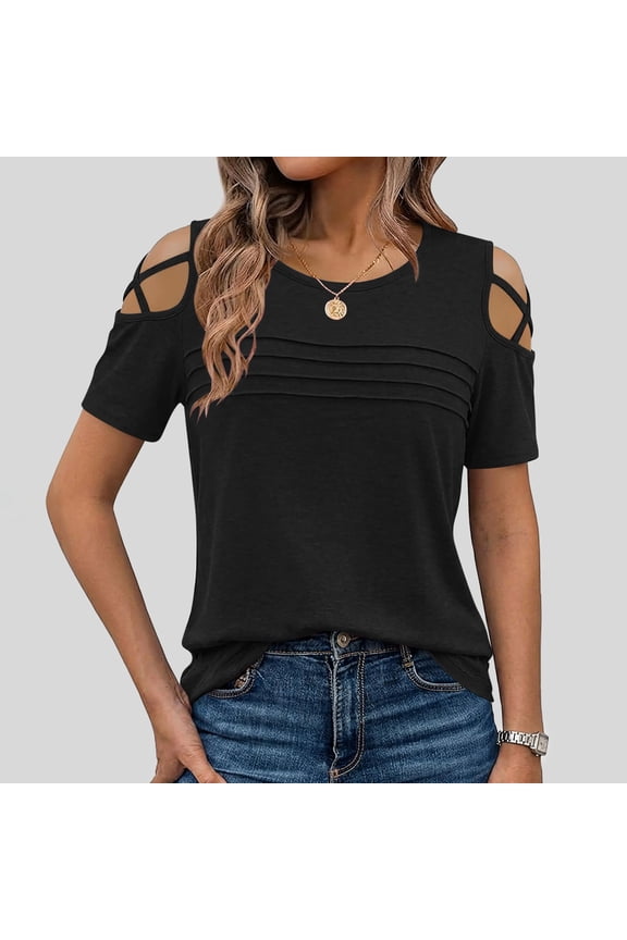 Womens Off Shoulder Short Sleeve Pleated Crisscross Cutout Loose Fit Crew Neck Casual Summer Blouse Black,Size 2XL