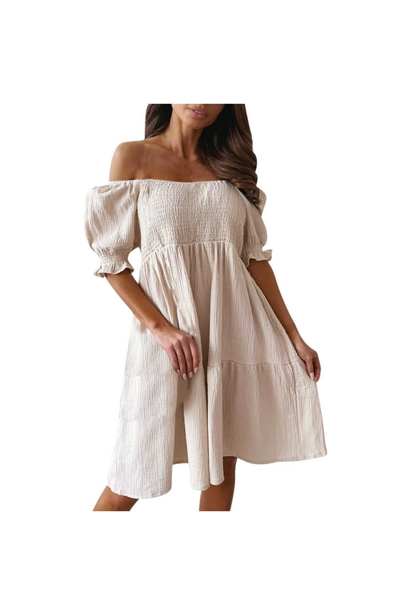 Womens Off Shoulder Summer Dress with Sleeves Smocked Cute Ruffle Tiered Mini Dresses Beach Sun Puff Sleeve Dress (Large, Beige)
