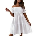 thumbnail image 1 of Womens Off Shoulder Summer Dress with Sleeves Smocked Cute Ruffle Tiered Mini Dresses Beach Sun Puff Sleeve Dress (Medium, White), 1 of 5