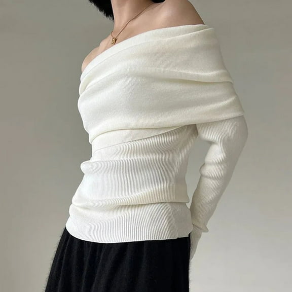 Womens Off Shoulder Sweater Elegant Knitted Pullover High Stretch Gracetop White YIWEI
