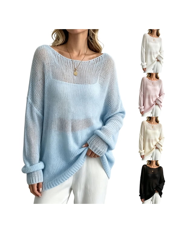Womens Off Shoulder Sweater Knit Long Sleeve Oversized Pullover Loose Fit Open Weave Sheer Casual Top Solid Wide Neck Slouchy Spring Fall Sweater