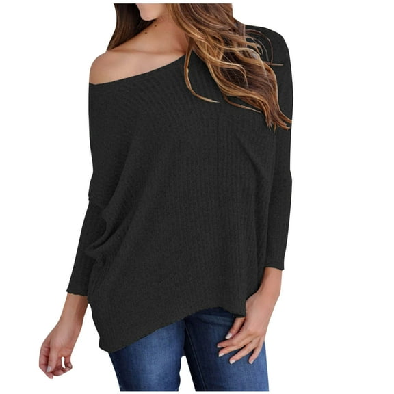 Womens Off Shoulder Sweater Loose Long Sleeve Boat Neck Tunics Tops Fall Solid Color Casual Pullover Shirts (Black S)