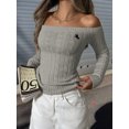 thumbnail image 1 of Womens Off Shoulder Sweater Tops Long Sleeve Asymmetrical Hem Pullover Sweater Ribbed Knitted Slim Fit Sweaters, 1 of 4
