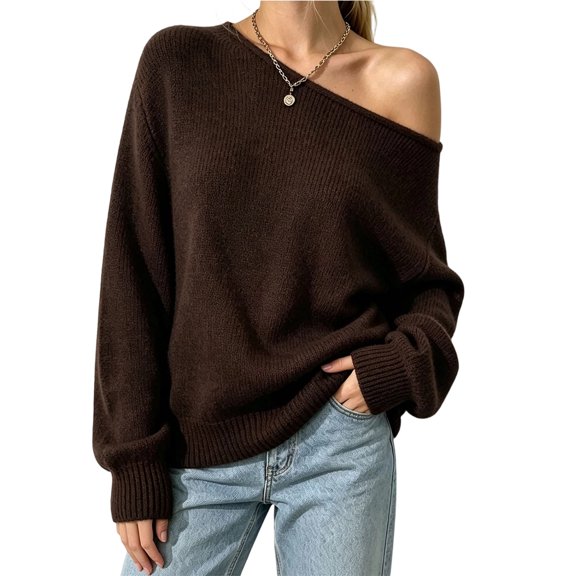 Womens Off Shoulder Sweaters Fall Long Sleeve Knit Pullover Casual Solid Loose Fit Tops Fashion Basic Layering Knitwear