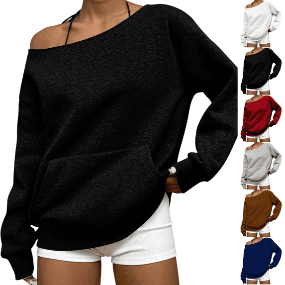Womens Off Shoulder Sweatshirt Long Sleeve Basic Pullover Tops with Pocket 2026 Fall Fashion Oversized Sweatshirts Black S
