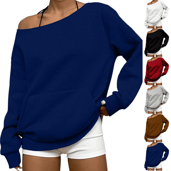 Womens Off Shoulder Sweatshirt Long Sleeve Basic Pullover Tops with Pocket 2026 Fall Fashion Oversized Sweatshirts Blue 2XL
