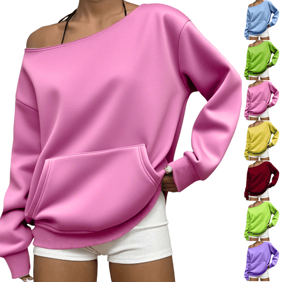 Womens Off Shoulder Sweatshirt Long Sleeve Basic Pullover Tops with Pocket 2026 Fall Fashion Oversized Sweatshirts Pink M