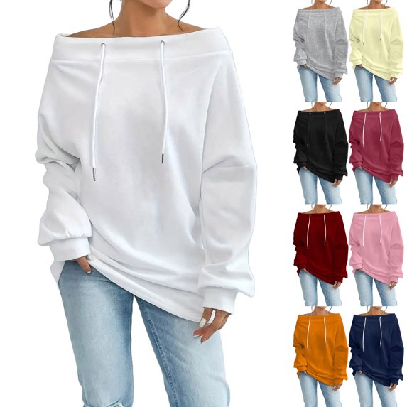 Womens Off Shoulder Sweatshirt Long Sleeve Drop Shoulder Oversized Pullover Top Casual Loose Drawstring Fall Outfits
