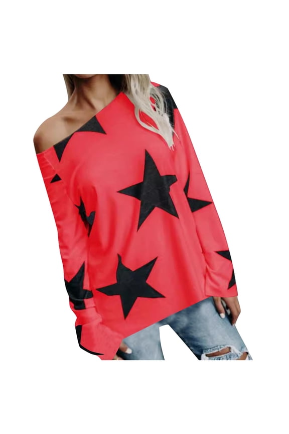 Womens Off Shoulder Sweatshirt Pullover Trendy Stars Printed Crew Neck Casual Long Sleeve Tops Fall Baggy Jumper (XL, Red)