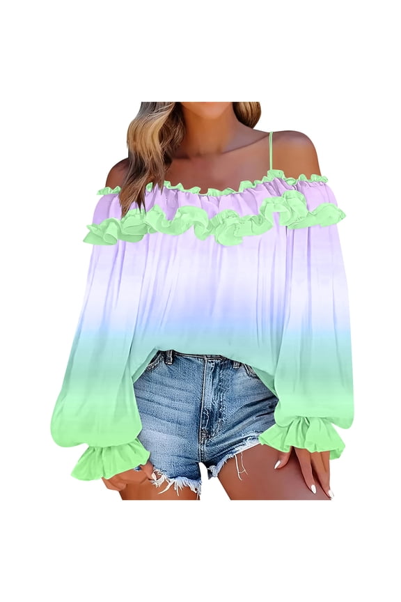 Womens Off Shoulder Top, Long Sleeve Shirts for Women Summer Fashion Loose Fit Ombre Tie Dye Camisoles Dressy Blouses S-2XL