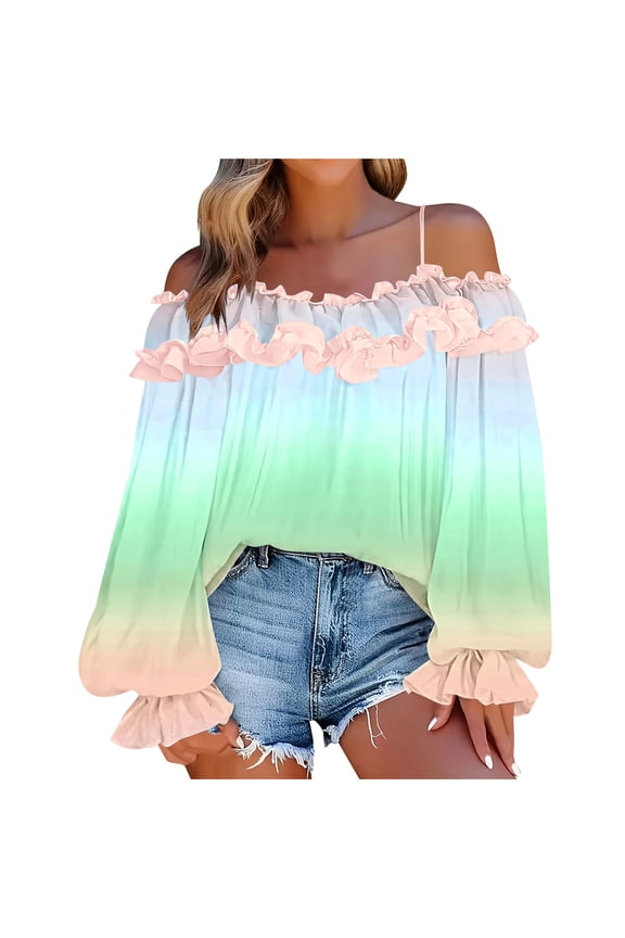 Womens Off Shoulder Top, Long Sleeve Shirts for Women Summer Fashion Loose Fit Ombre Tie Dye Camisoles Dressy Blouses S-2XL
