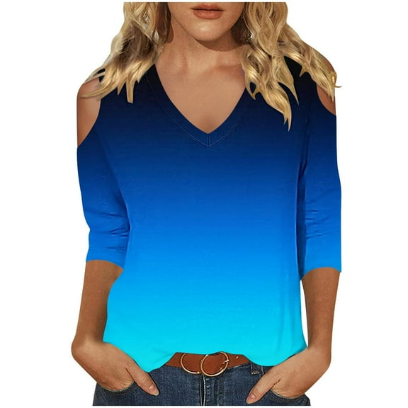 Womens Off Shoulder Tops, 3/4 Sleeve Shirts for Women Fall Fashion Loose Fit Ombre Tie Dye V Neck T-Shirts