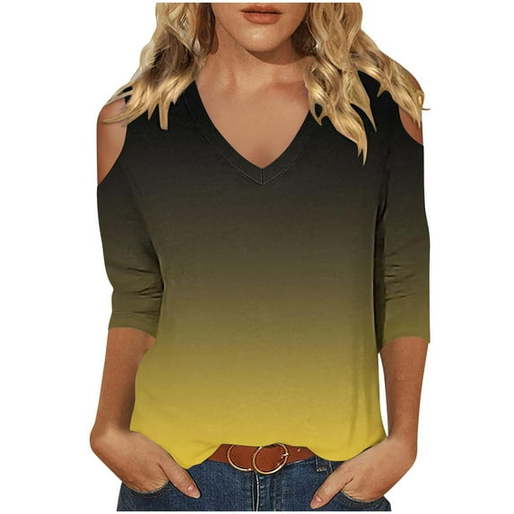 Womens Off Shoulder Tops, 3/4 Sleeve Shirts for Women Fall Fashion Loose Fit Ombre Tie Dye V Neck T-Shirts