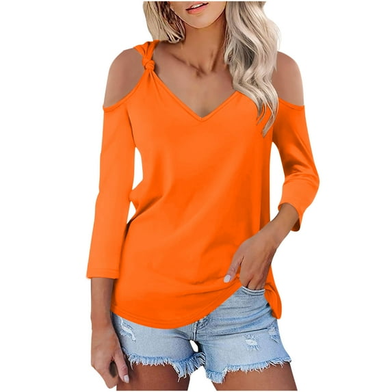 Womens Off Shoulder Tops, 3/4 Sleeve Shirts for Women Fall Summer Casual Solid Color Basic V Neck Dressy Blouses