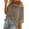 thumbnail image 1 of Womens Off Shoulder Tops, Fall Sweaters for Women Fashion Loose Fit Hollow Knitted Solid Color Short Sleeve Pullover Coverups S-2XL, 1 of 5