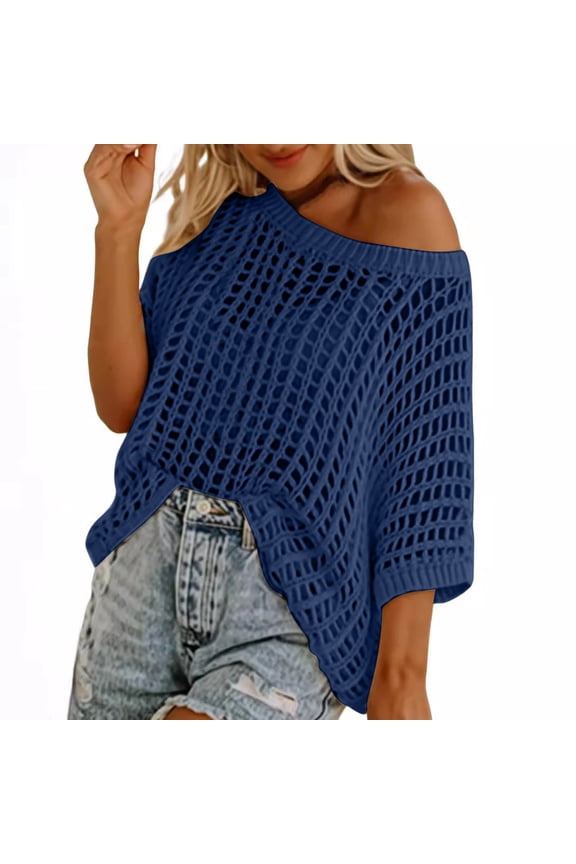 Womens Off Shoulder Tops, Fall Sweaters for Women Fashion Loose Fit Hollow Knitted Solid Color Short Sleeve Pullover Coverups S-2XL