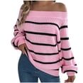 thumbnail image 1 of Womens Off Shoulder Tops, Fall Sweaters for Women Fashion Loose Fit Knitted Striped Printed Long Sleeve Pullover S-XL, 1 of 5