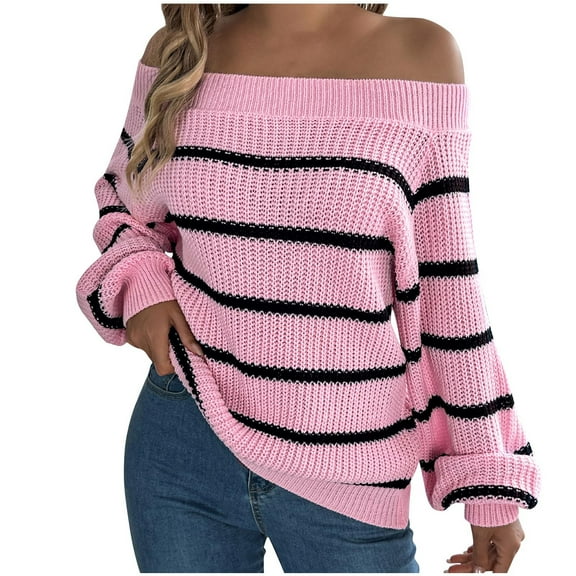 Womens Off Shoulder Tops, Fall Sweaters for Women Fashion Loose Fit Knitted Striped Printed Long Sleeve Pullover S-XL