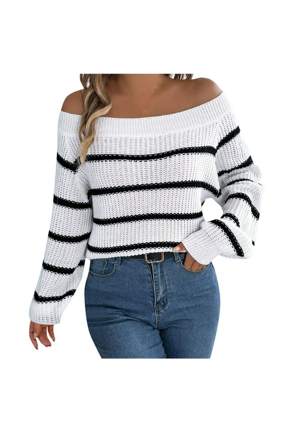 Womens Off Shoulder Tops, Fall Sweaters for Women Fashion Loose Fit Knitted Striped Printed Long Sleeve Pullover S-XL