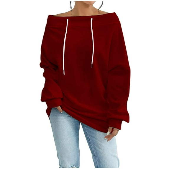 Womens Off Shoulder Tops, Hoodies for Women Fall Fashion Loose Fit Solid Color Drawstring Long Sleeve Pullover