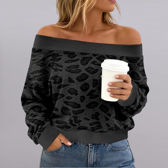 Womens Off Shoulder Tops Leopard Print Long Sleeve Pullover With Relaxed Fit And Ribbed Trim For Casual Fall Weekend Wear