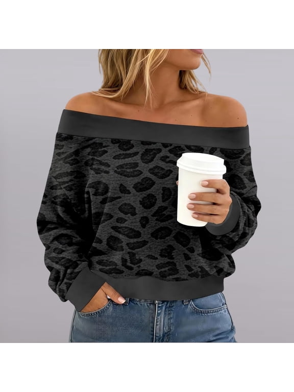 Womens Off Shoulder Tops Leopard Print Long Sleeve Pullover With Relaxed Fit And Ribbed Trim For Casual Fall Weekend Wear