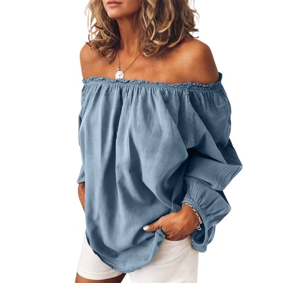 Womens Off Shoulder Tops Linen Cotton Tops Long Sleeves Ruffle Balloon Sleeve Shirts Casual Blouses