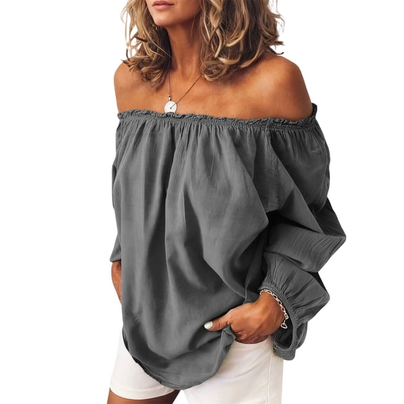 Womens Off Shoulder Tops Linen Cotton Tops Long Sleeves Ruffle Balloon Sleeve Shirts Casual Blouses